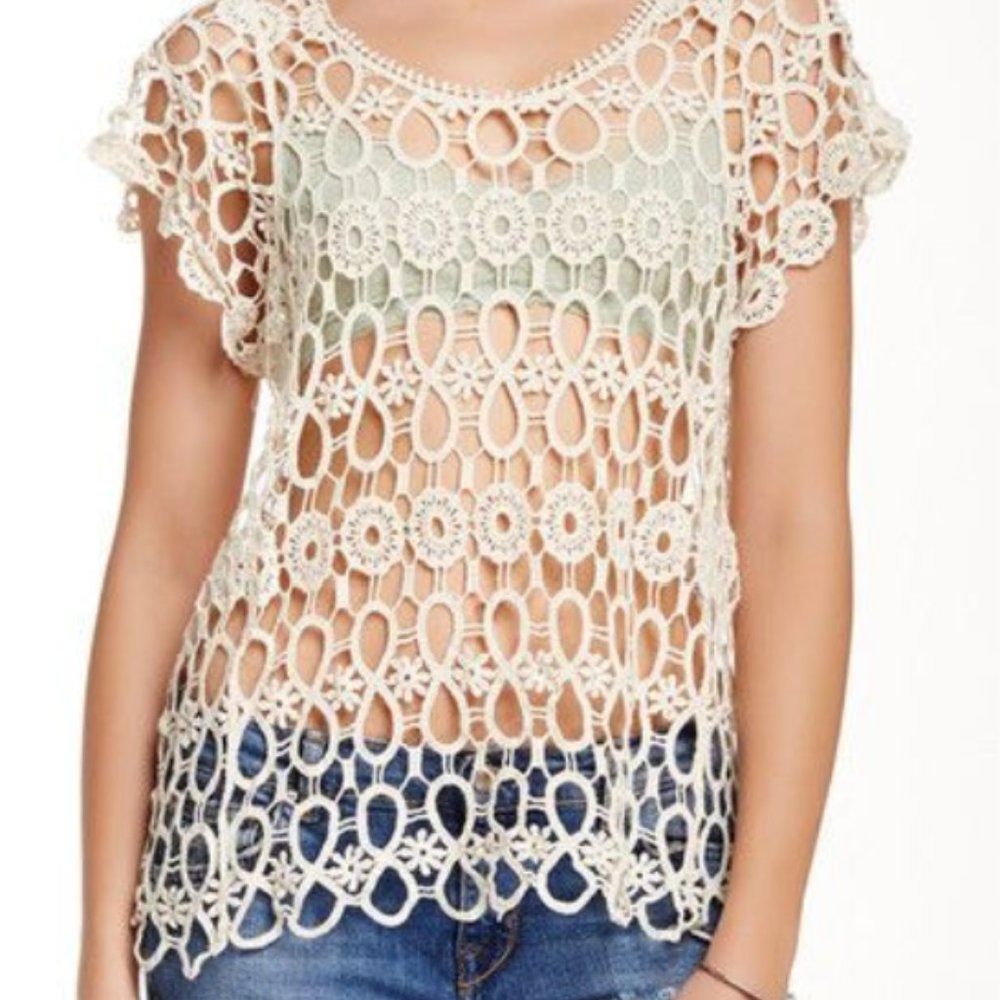 Bobeau NEW Knit Crochet Lace Blouse BLUE Top Topper Cotton Short Sleeve Womens L